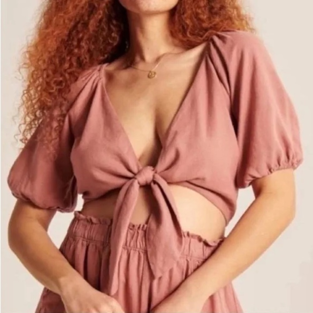 Abercrombie Linen Matching Crop Top and Shorts Set XS Dusty Rose
